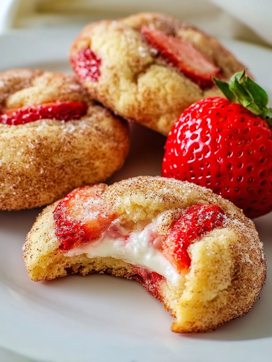 Eine Tasse mit Strawberry-Cookies, die in Stücke zerlegt sind, auf einem weißen Teller.