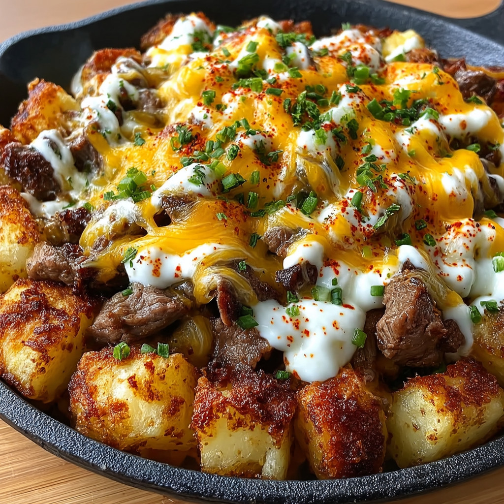 Eine Tasse mit Kartoffeln, Zwiebeln und Käse.