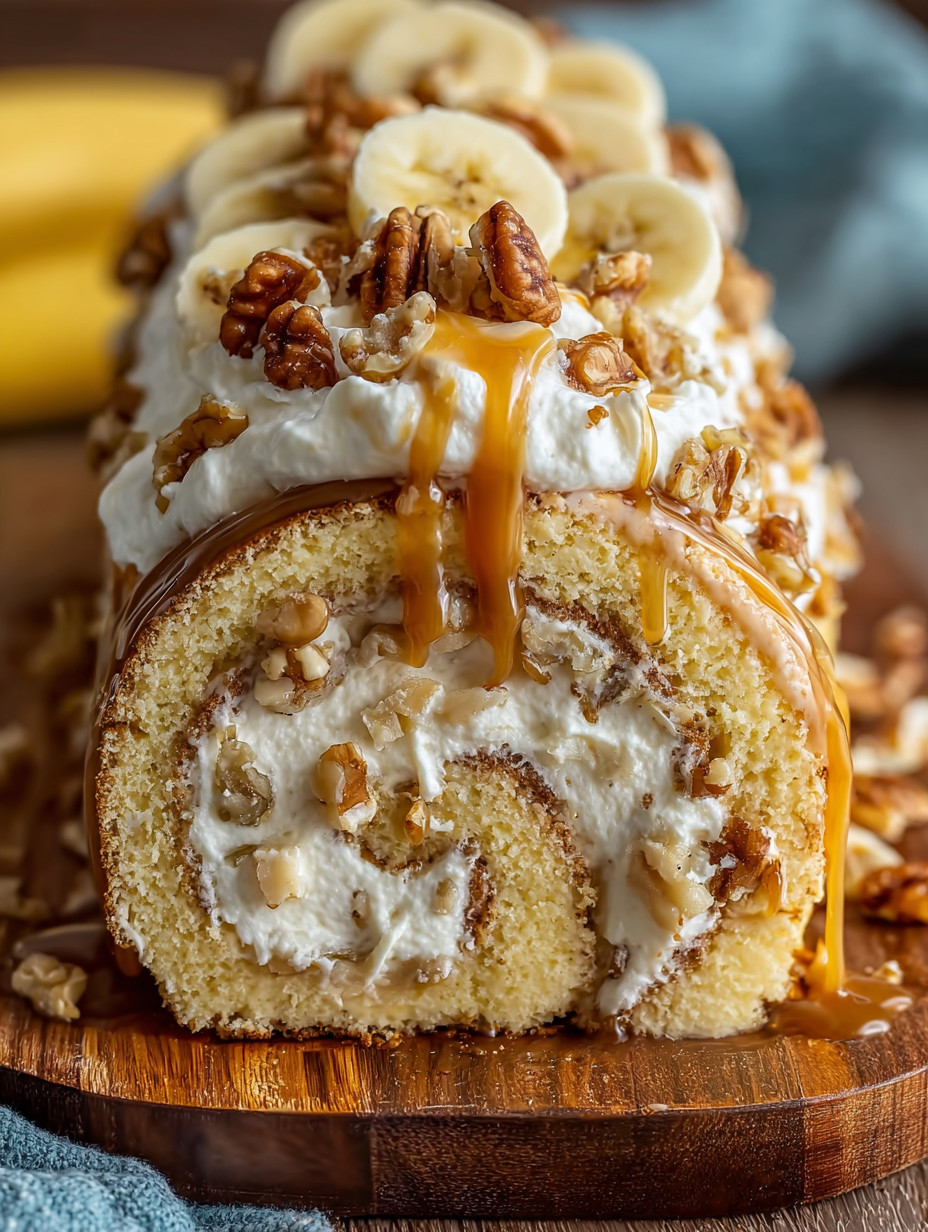 Ein Stück Kuchen mit Bananen und Walnuss.