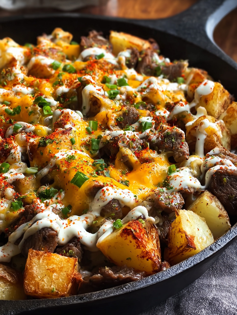 Eine Schüssel mit Kartoffeln und Rindfleisch, die mit Mayonnaise und Zwiebeln garniert sind.