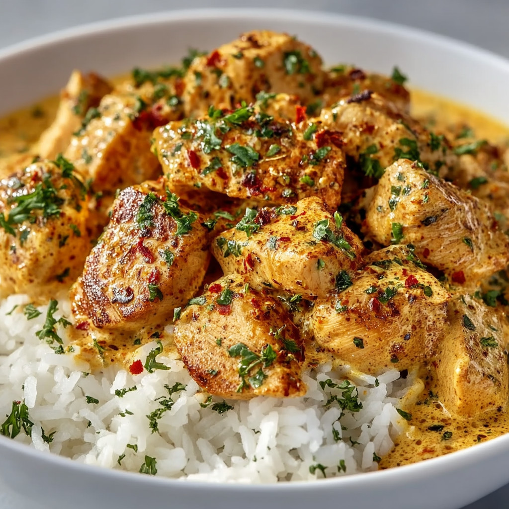 Ein weißer Teller mit einer Mischung aus Rice und Curry.