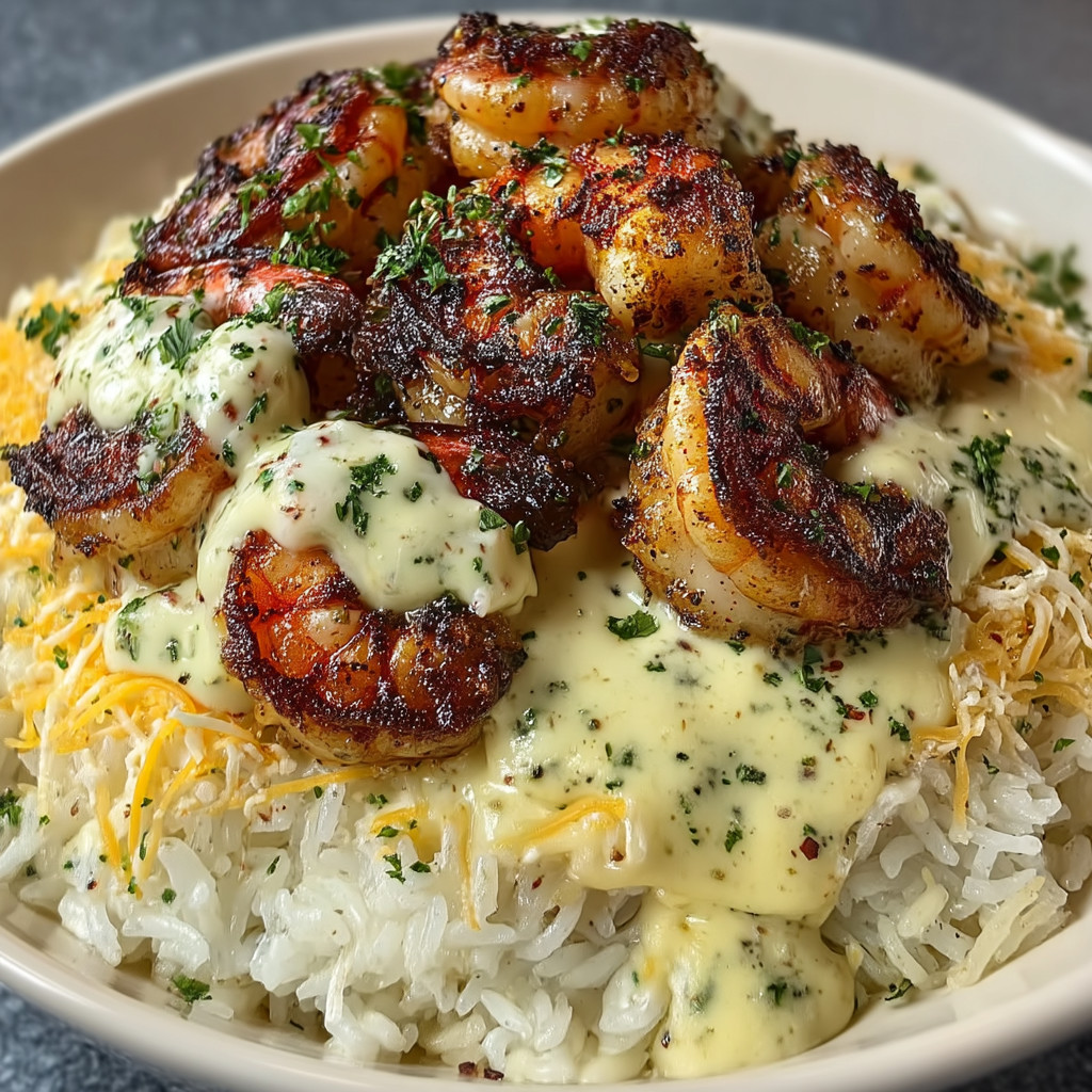 Ein weißer Teller mit einer Mischung aus Reis, Shrimp und Sauce.