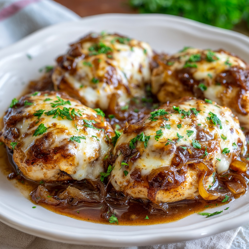 Ein weißer Teller mit sechs Portionen von Käse- und Zwiebel-stewed chicken.