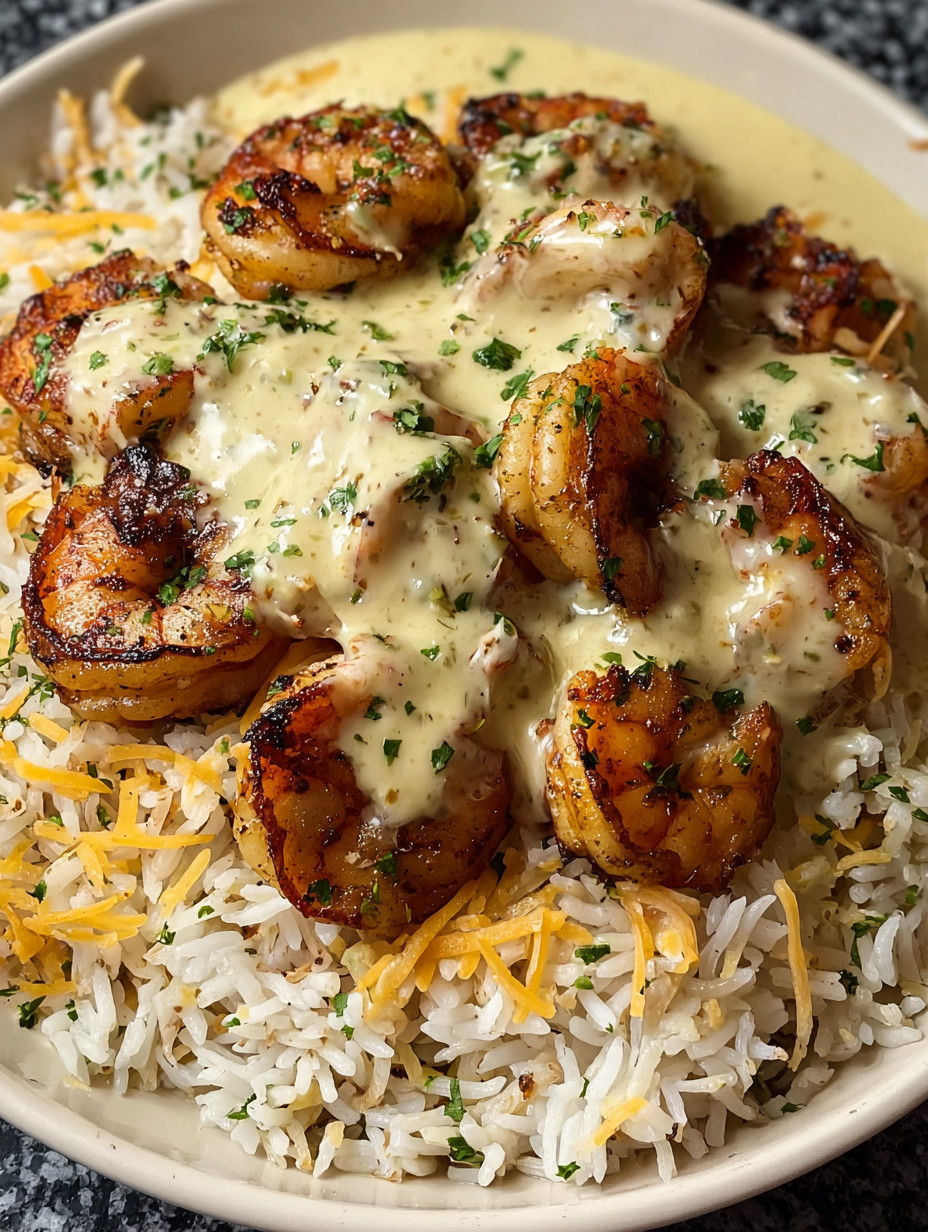 Ein Bild von Rice mit Shrimp und Sauce.