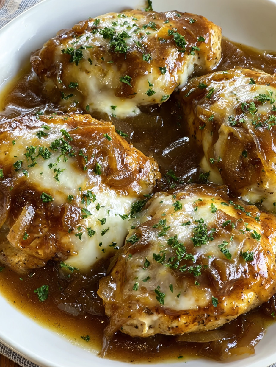 Eine Schüssel mit Chicken, die in einer Sauce mit Zwiebeln und Knoblauch serviert wird.