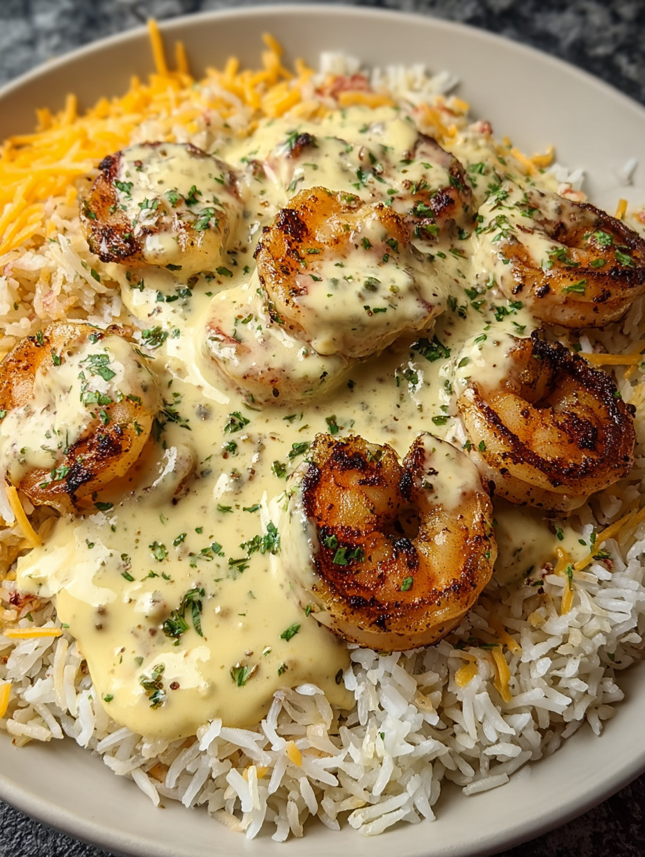 Eine Platte mit Rice und Shrimp, die mit einer cremigen Sauce garniert sind.