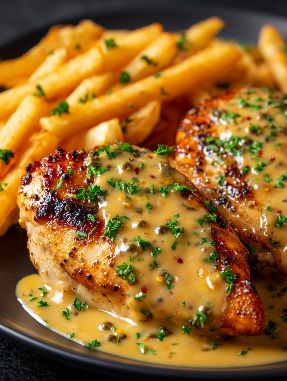 Eine Platte mit gegrilltem Fleisch, das mit Sauce und Kräutern garniert ist.