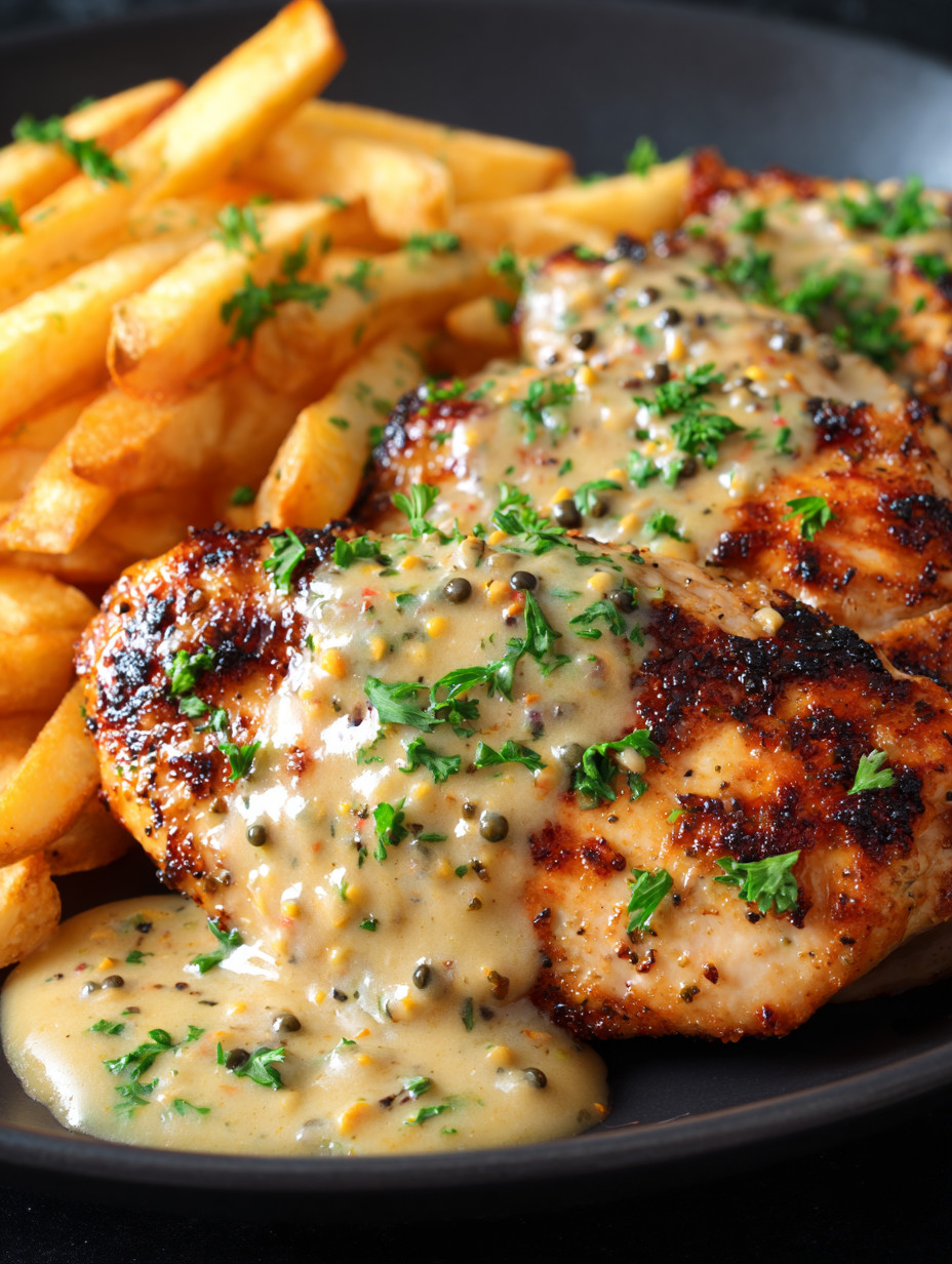 Eine Platte mit gegrilltem Steak, Frites und einer Sauce.