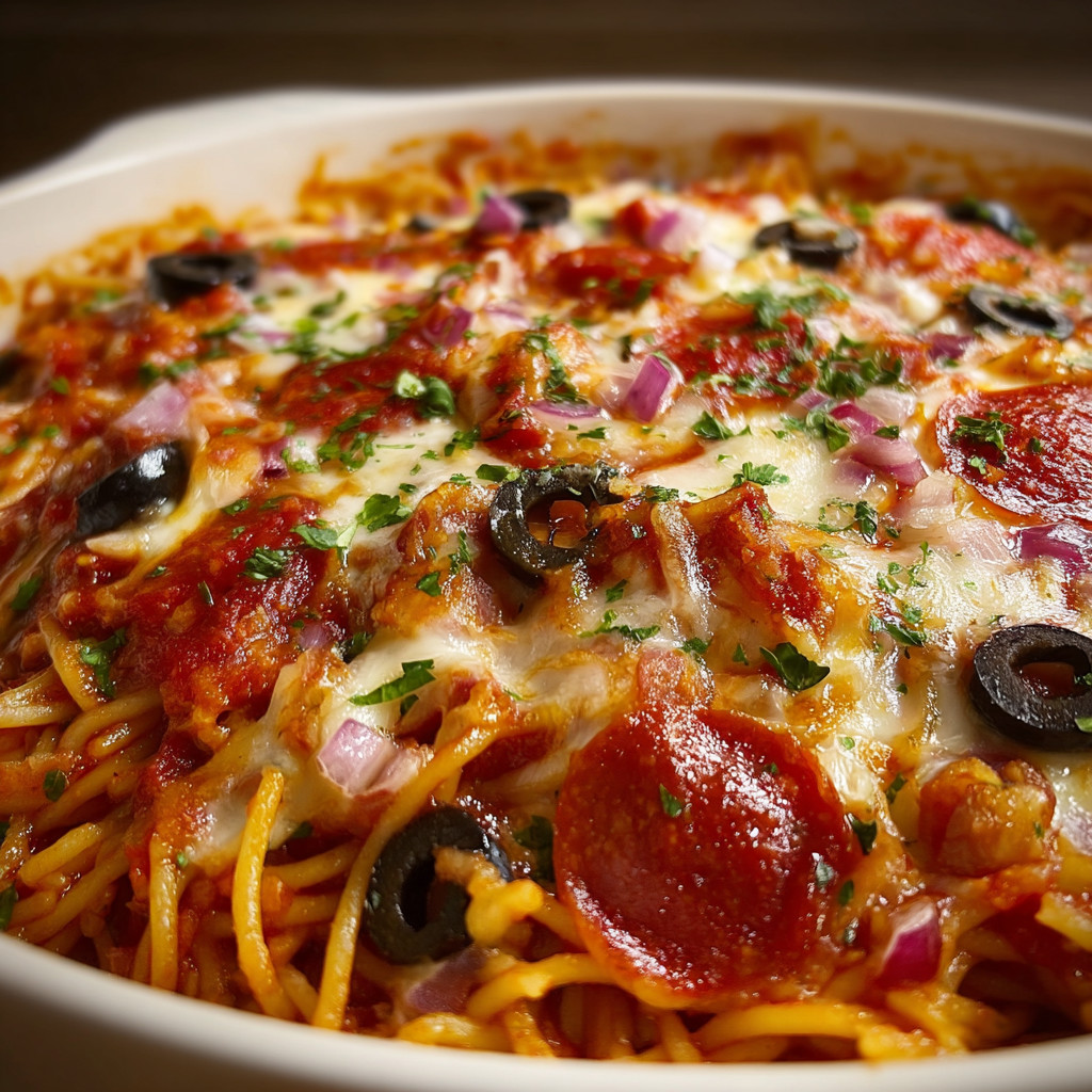 Ein Schmelztopf mit Pizza, Oliven und Tomaten.