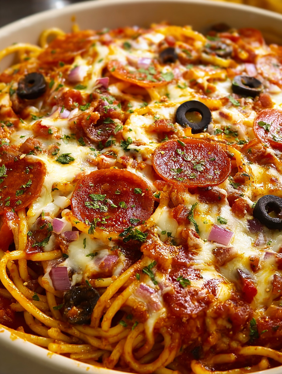 Eine Pizza mit Pepperoni, Oliven und Tomaten.