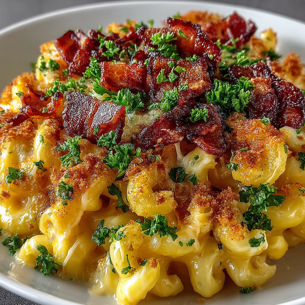 Ein weißer Teller mit einer Mischung aus Käse, Bacon und Spinat.