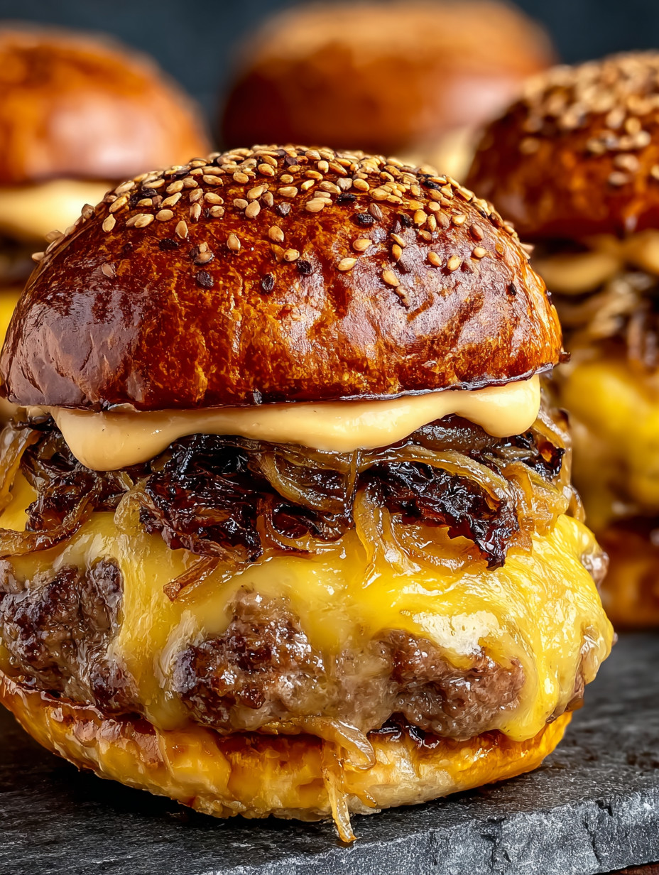 Eine Hamburger mit Käse und Zwiebeln auf einem Teller.