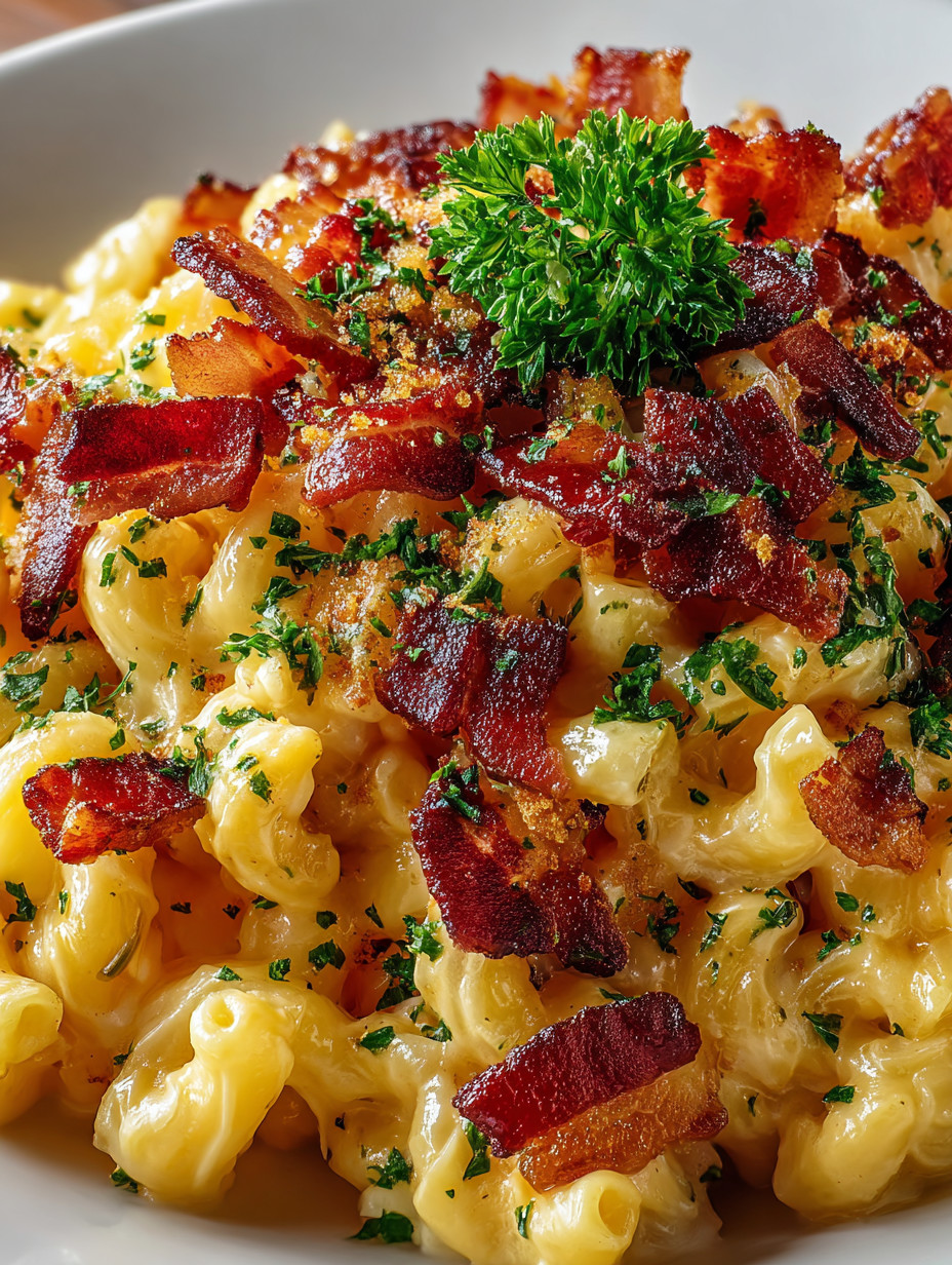 Eine Schüssel mit Pasta und Bacon.