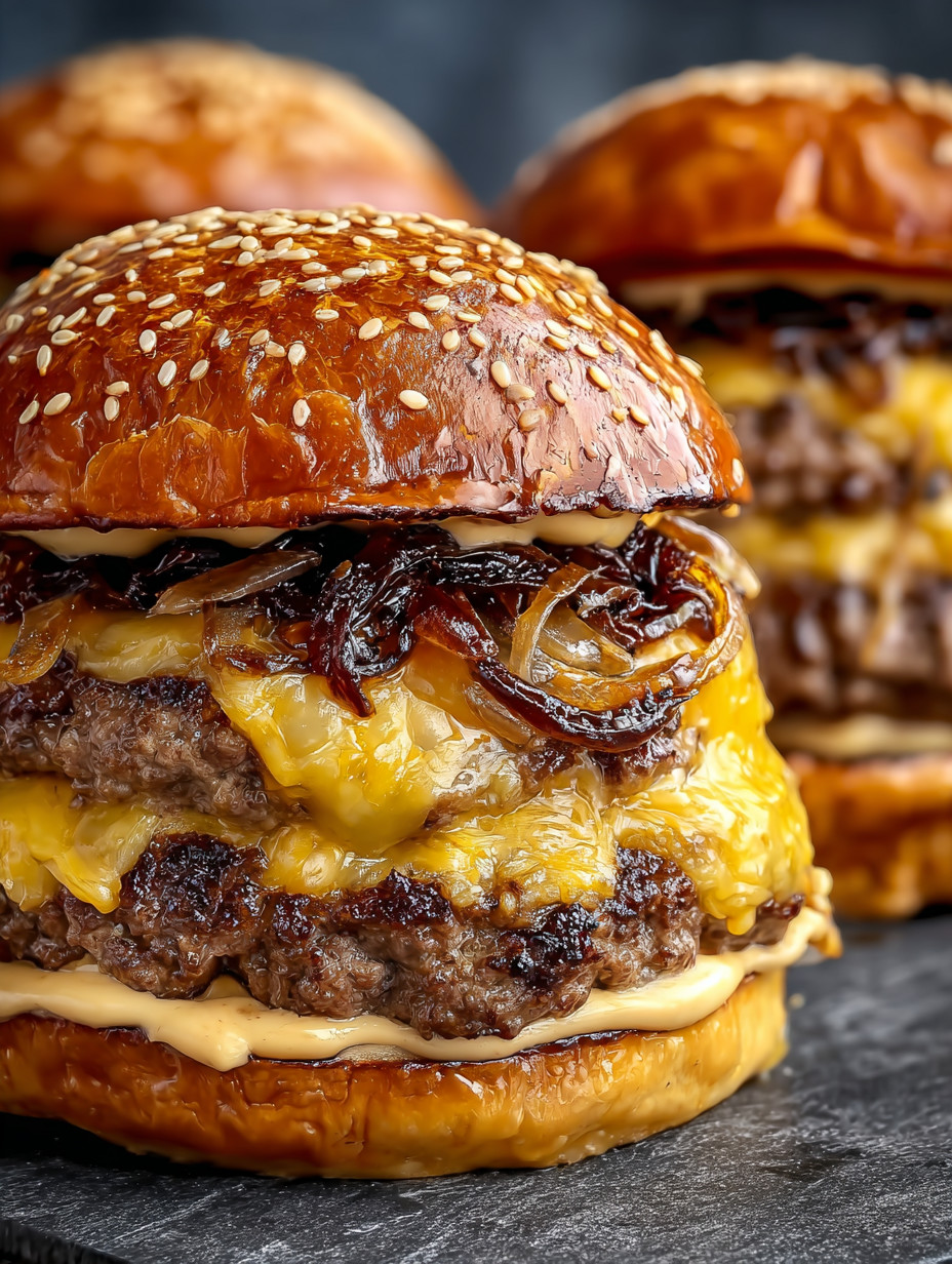 Ein großes Hamburger-Burger mit vielen Zutaten wie Ketchup, Mayonnaise, Sauerkraut, Onion und Käse.