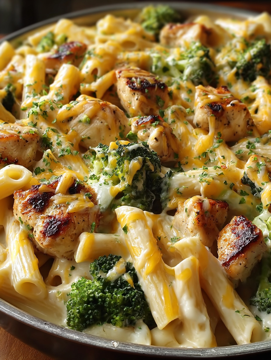 Eine prägnante Bildbeschreibung auf Deutsch lautet: "Ein Bild von Pasta mit Käse, Broccoli und Zwiebeln.