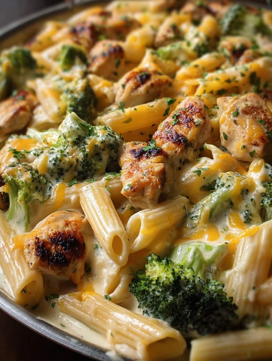Eine Schüssel mit Pasta, Chicken und Broccoli.