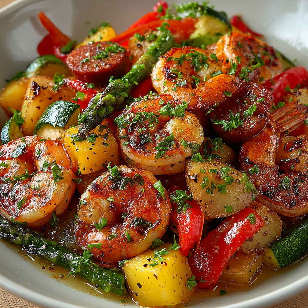 Ein weißer Teller mit einer Mischung aus Gemüse und Garnelen.