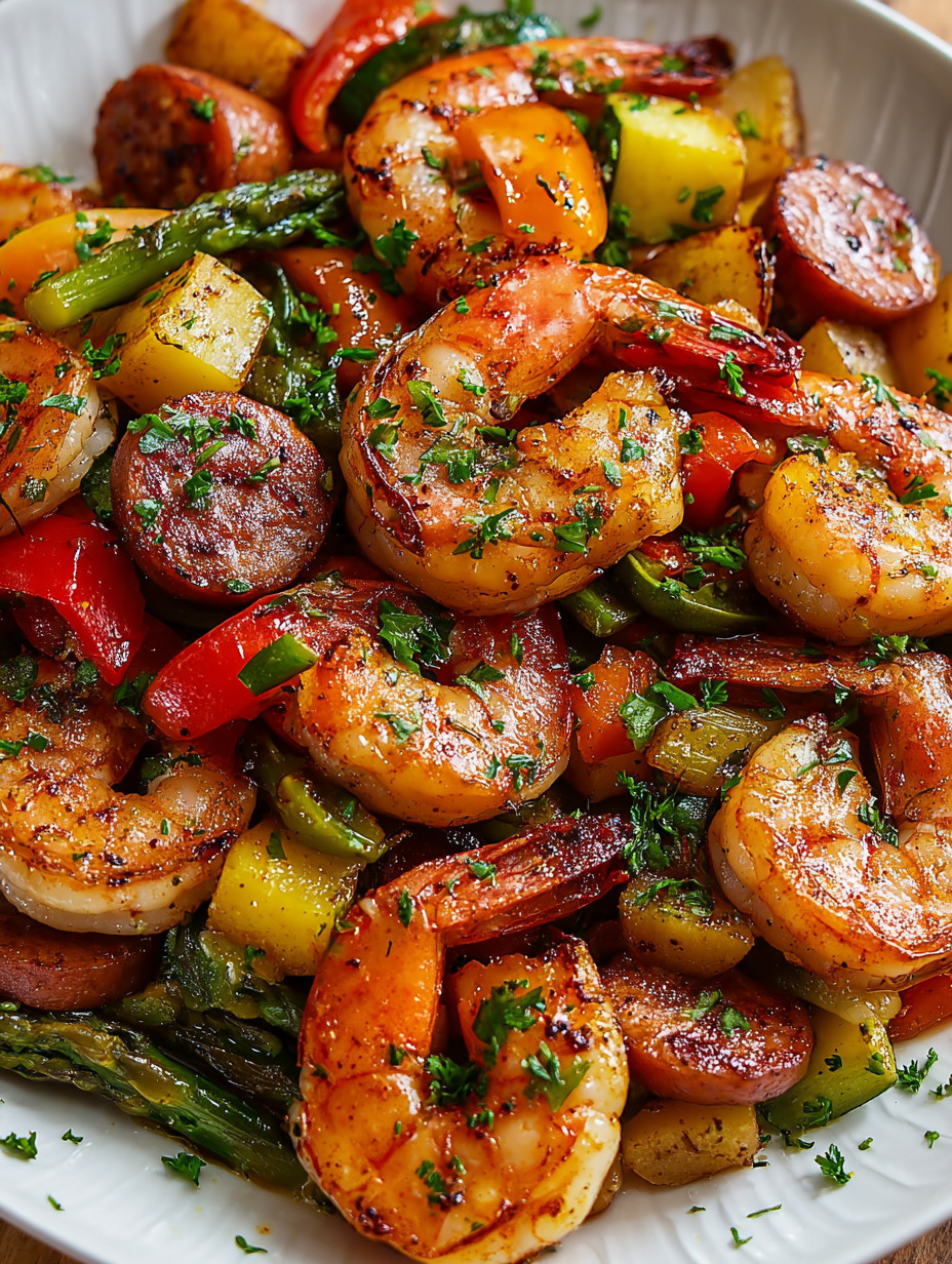 Eine Schüssel mit einer Mischung aus Shrimp, Zwiebeln, Paprika, Karotten und Asparagus.