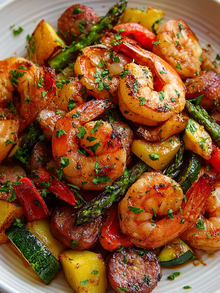 Eine Schüssel mit gegrilltem Shrimp, Asparagus, Paprika, Zucchini und Tomaten.