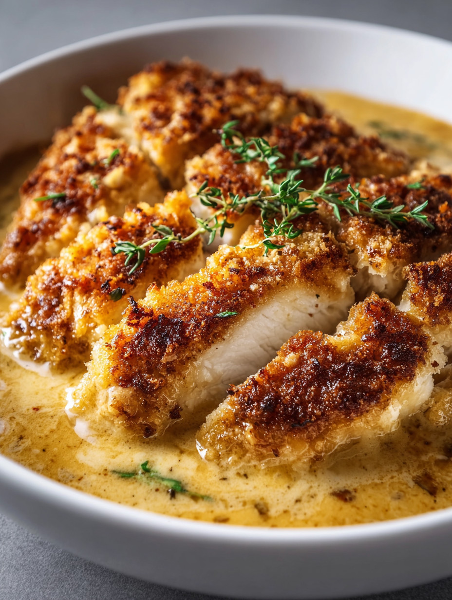 Ein weißer Teller mit einer Portion von Chicken, die in einer Sauce mit Zwiebeln und Kräutern serviert wird.