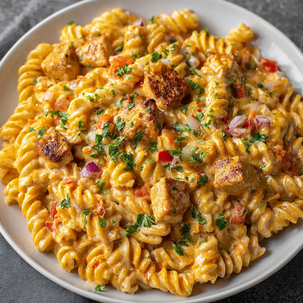 Ein weißer Teller mit Pasta, Tomaten, Zwiebeln und Käse.