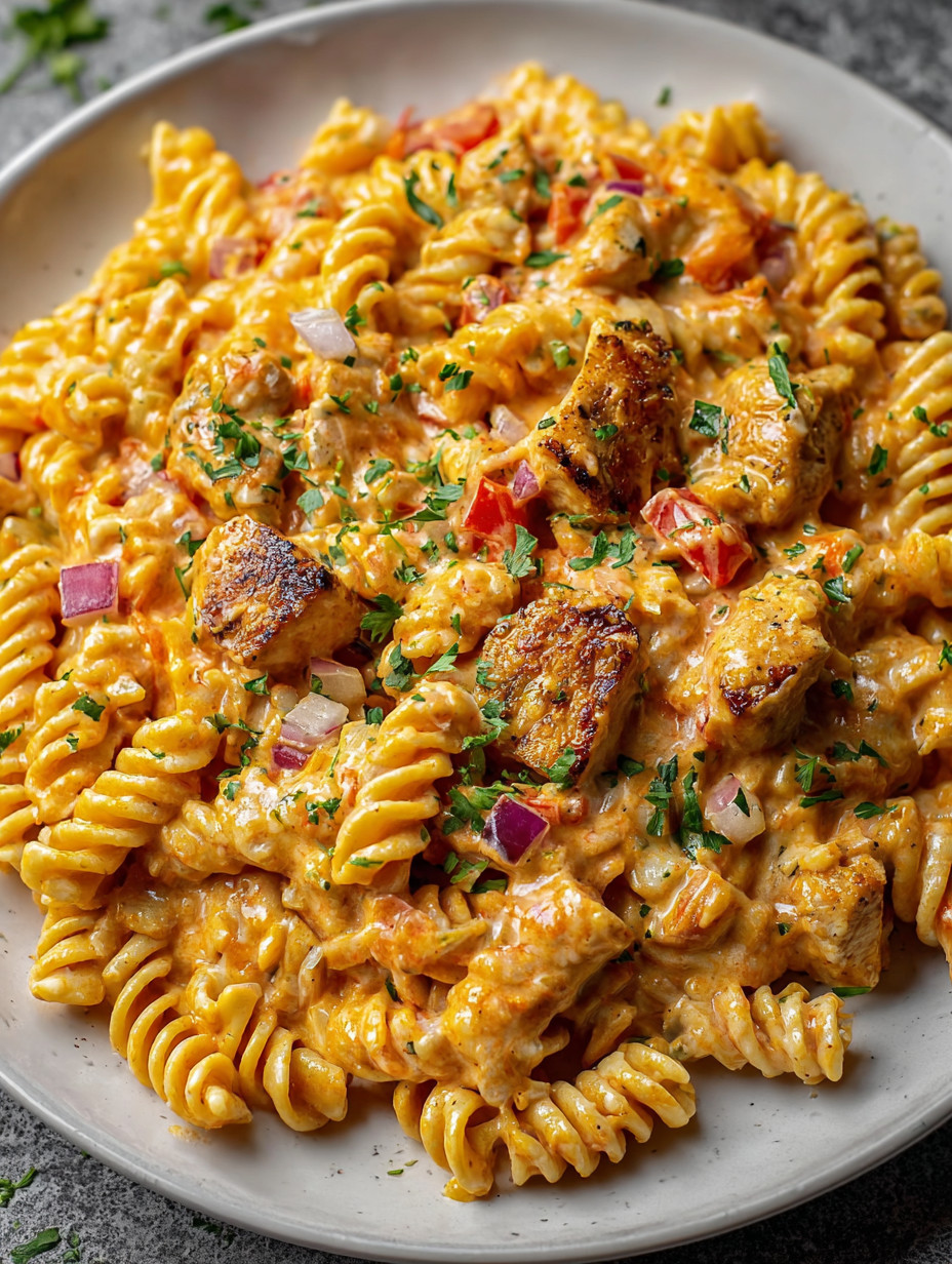 Eine Platte mit Pasta und Zwiebeln.