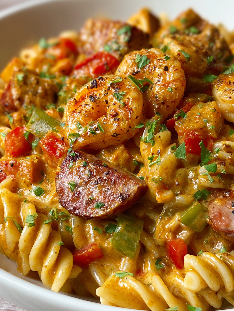 Eine Schüssel mit einer Mischung aus Pasta, Tomaten, Paprika, Zwiebeln und Shrimp.