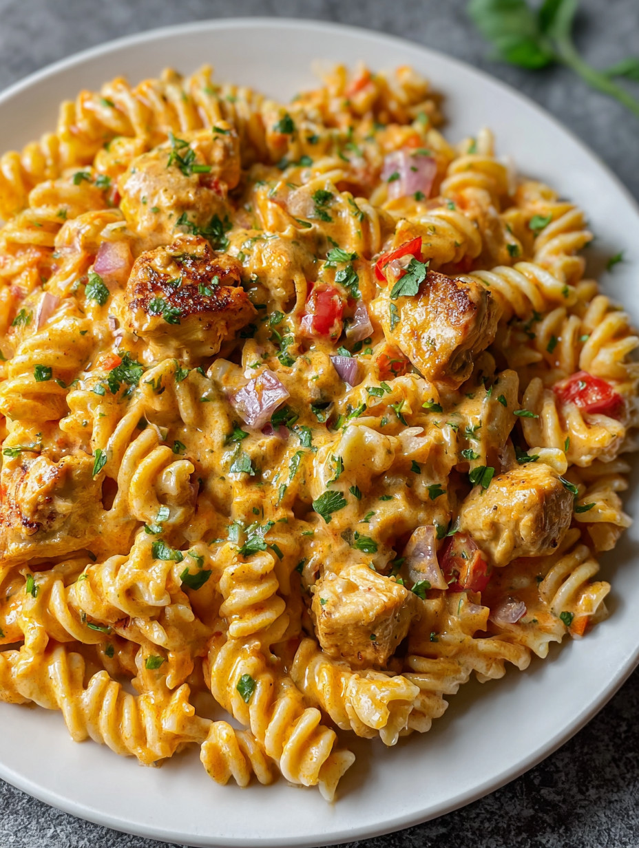 Eine Platte mit Pasta, Chicken und Tomaten.