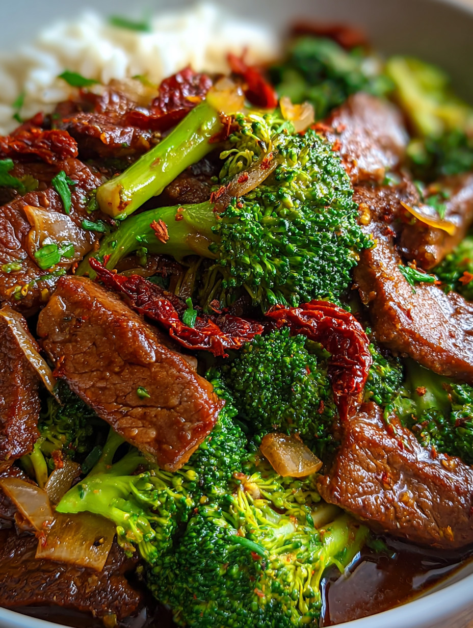 Ein Bild von einer Mischung aus Fleisch, Zwiebeln und Brokkoli.