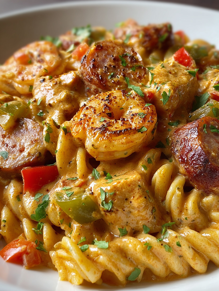 Eine Platte mit Pasta, Shrimp und Tomaten.