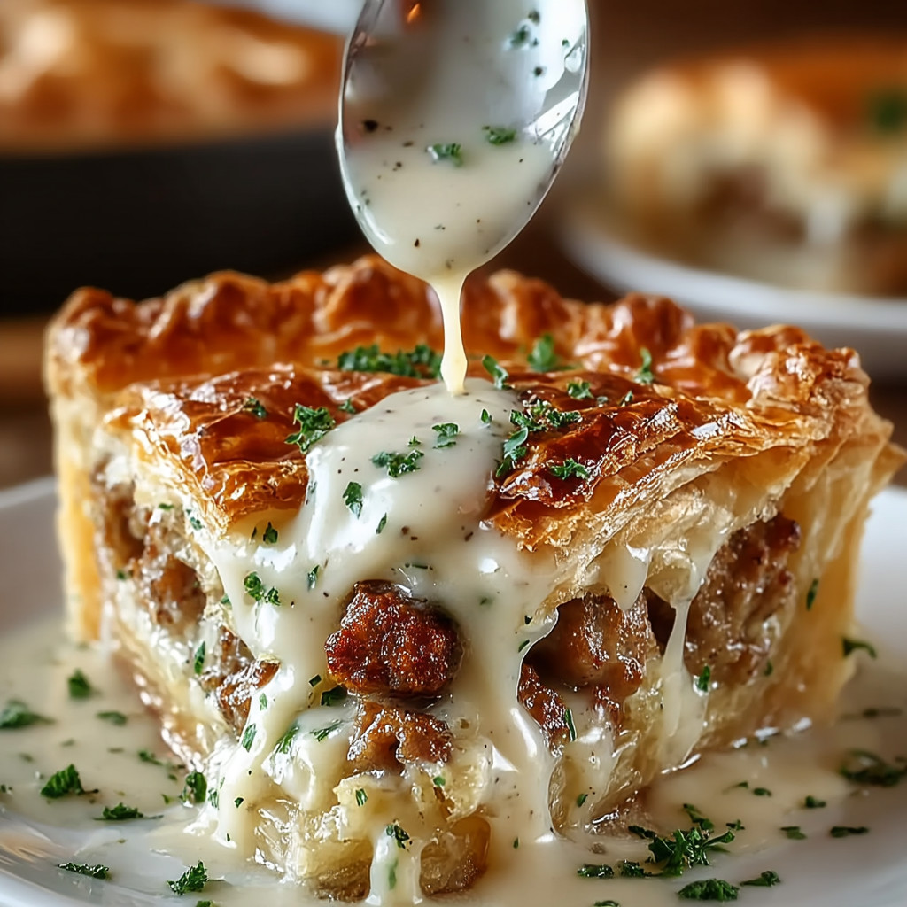 Eine Prägnante Bildbeschreibung auf Deutsch lautet: "Ein Käsekuchen mit Sauce und Zwiebeln auf einem weißen Teller.