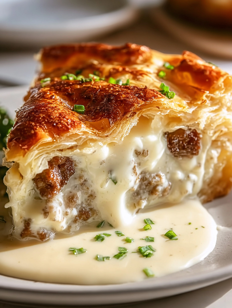 Ein Stück Käsekuchen mit Sauce auf einem Teller.