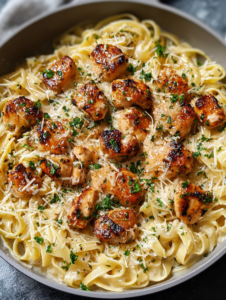 Eine Schüssel mit Pasta und Zwiebeln, die mit Chicken und Tomaten garniert sind.