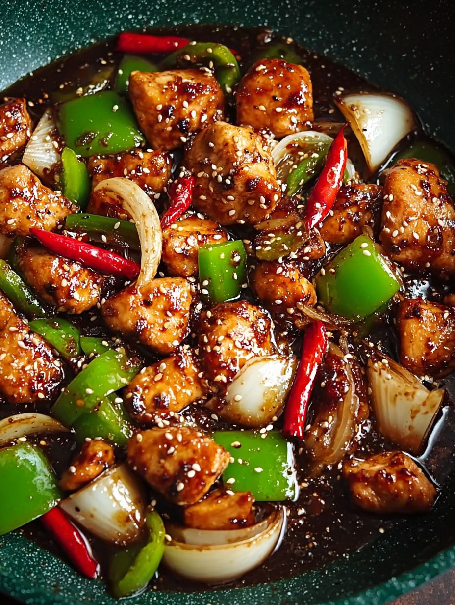 Ein Bild von einer wunderschönen chinesischen Gerichte, die aus chinesischem Fleisch, Zwiebeln, Paprika, Onions und anderen Zutaten zubereitet wurde.