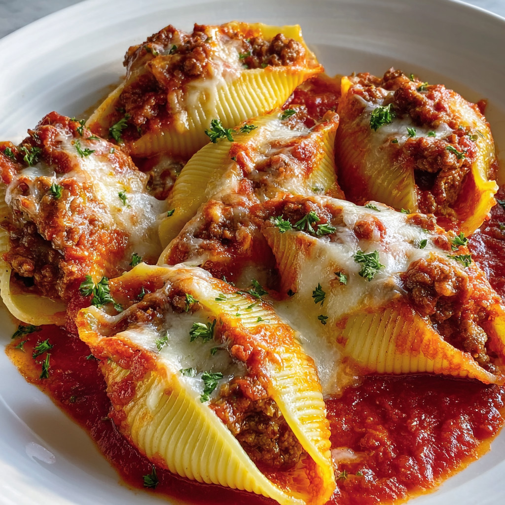 Ein weißer Teller mit einer Mischung aus Pasta, Sauce und Zwiebeln.