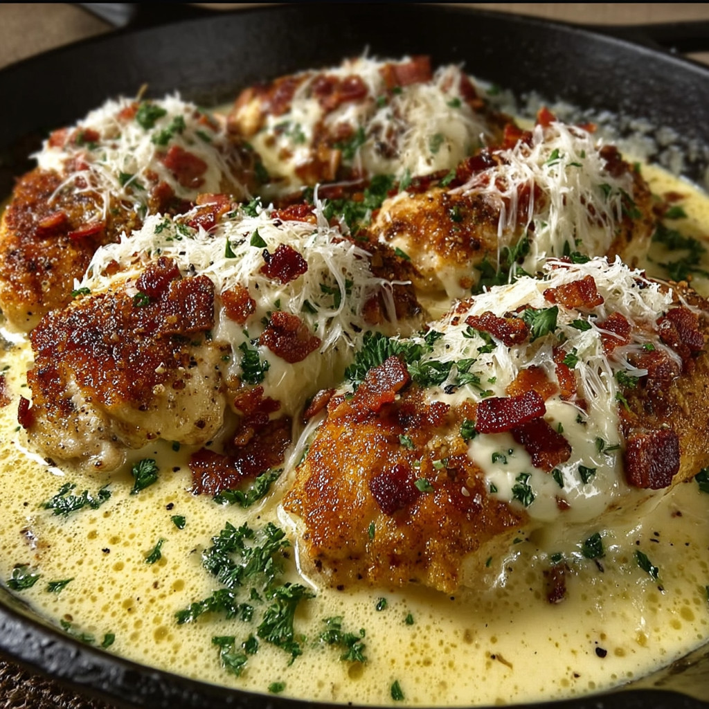 Eine Schüssel mit frisch zubereiteten Chicken-Bällchen, die mit Bacon-Streifen und Käse garniert sind.