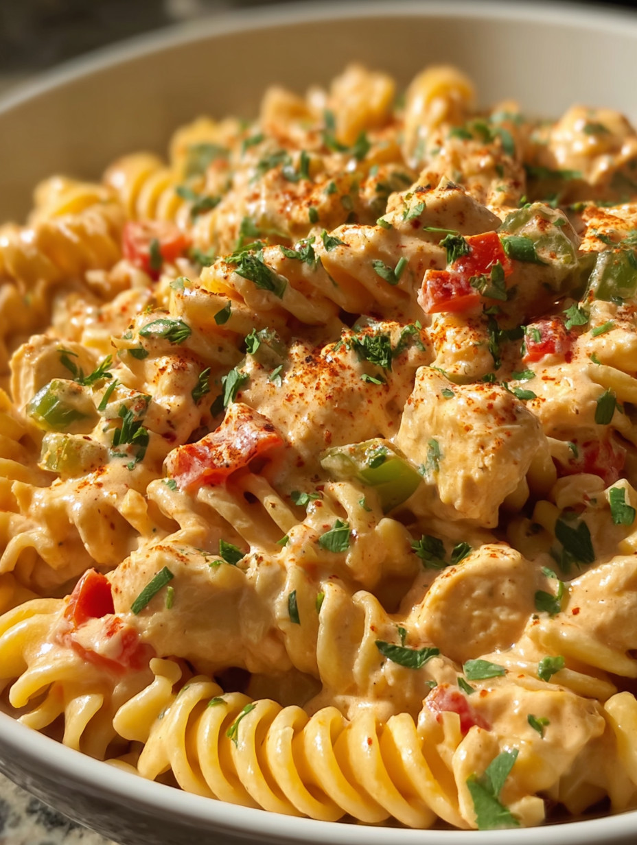 Eine Schüssel mit Pasta, Tomaten, Zwiebeln und Käse.