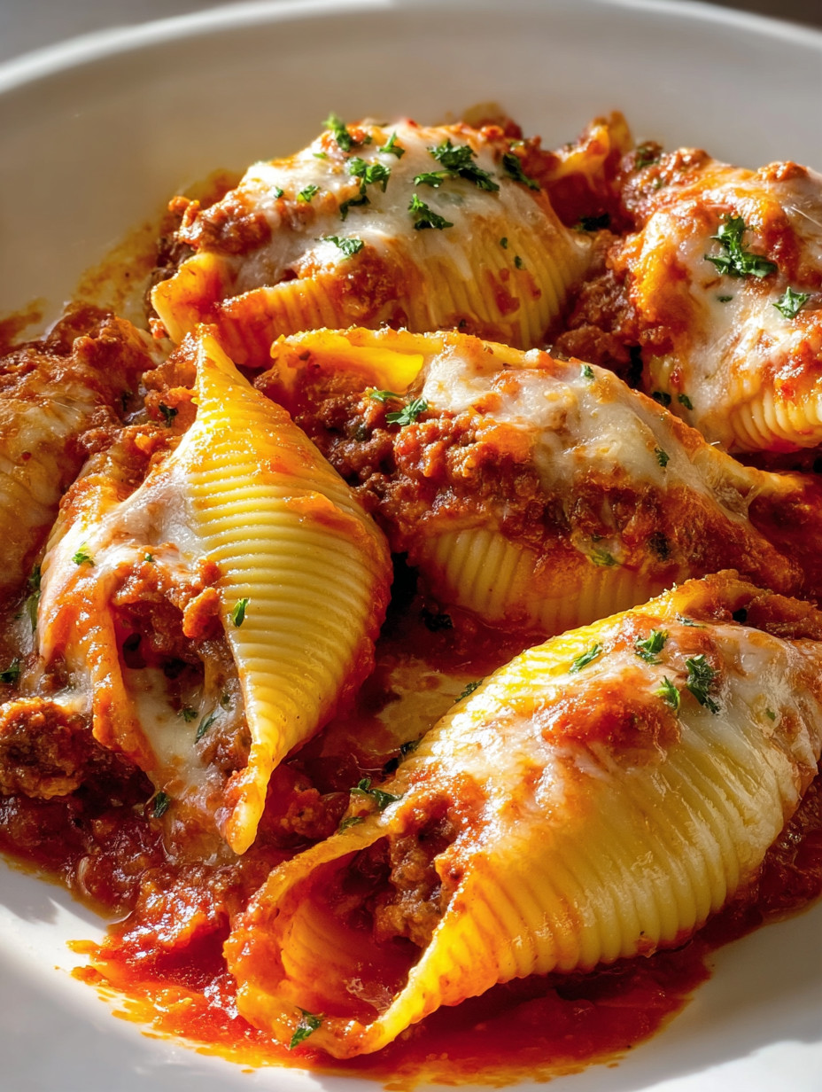 Eine Platte mit Penne-Auflauf, die mit Tomaten-Sauce und gerösteten Zwiebeln garniert sind.