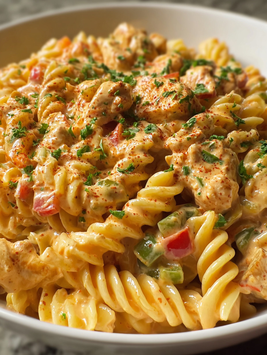 Eine Platte mit Pasta und Zwiebeln, die in einer cremigen Sauce serviert werden.