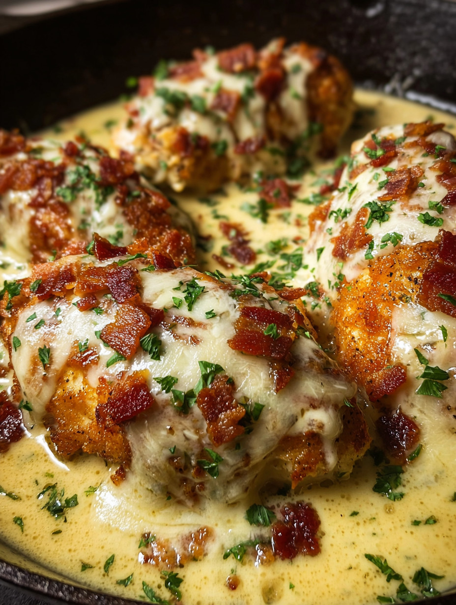 Eine Schüssel mit Bacon-Chicken-Würstchen, die in einer cremigen Sauce liegen.