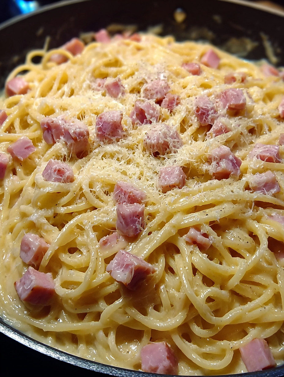 Eine Schüssel mit Pasta und gerösteten Bacon.