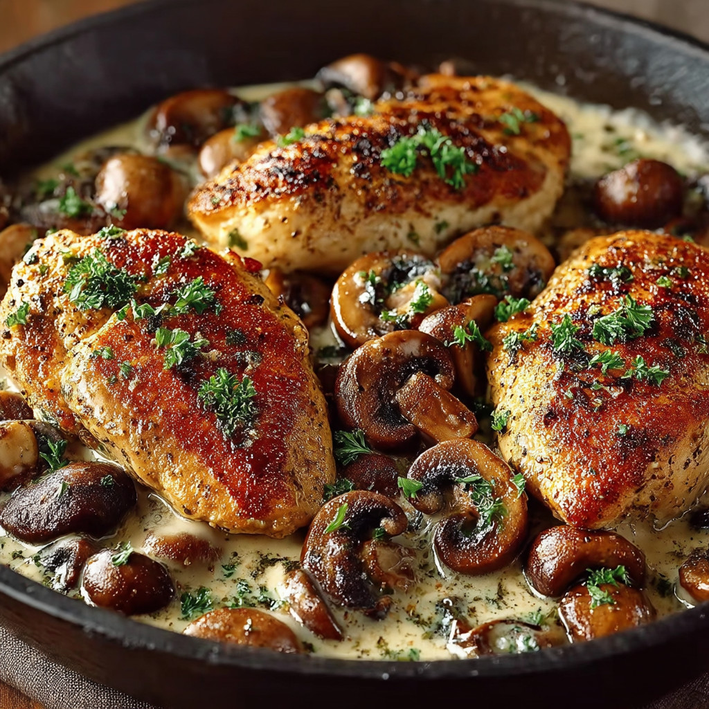 Ein Schalen mit Chicken und Mushrooms.