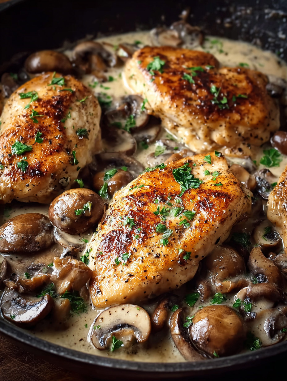 Chicken mit Mushrooms und Parsley in einer Sauce.