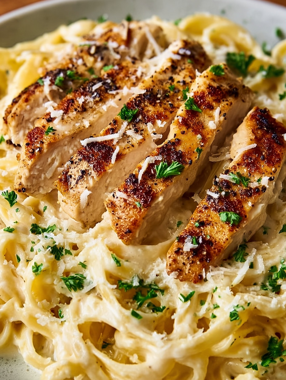 Eine Portion Pasta mit Zwiebeln und gegrilltem Chicken.