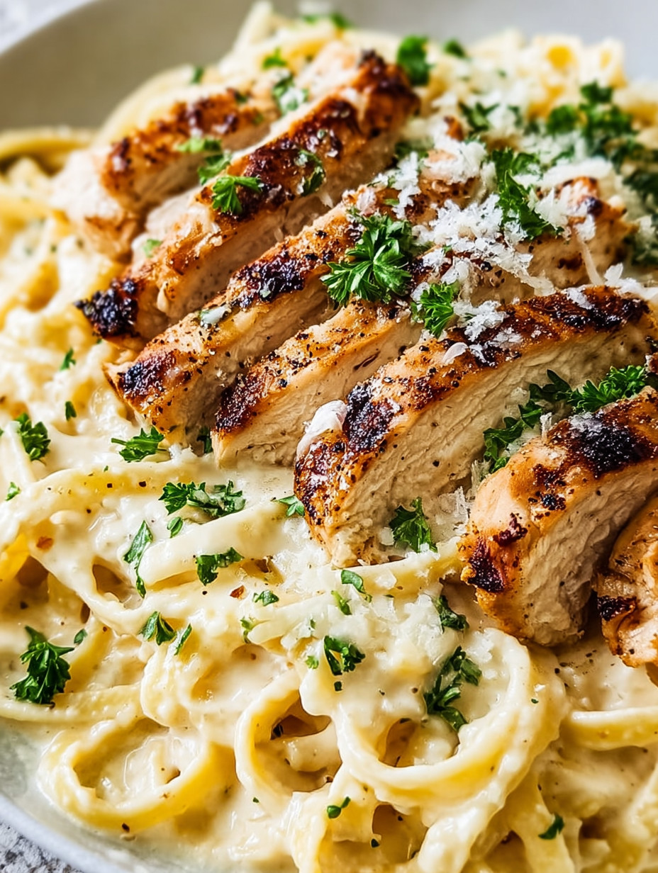 Ein Bild von einer Pasta-Garnitur, die mit Zwiebeln und gerösteten Chicken-Stücken garniert ist.