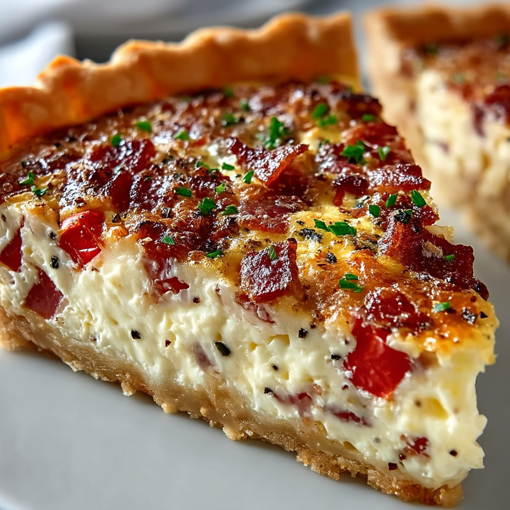 Ein Stück Bacon-Egg-Pizza auf einem weißen Teller.