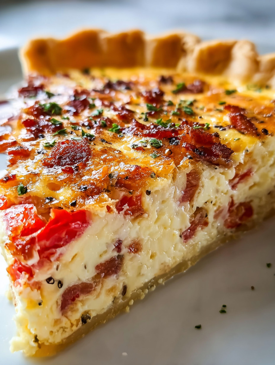 Ein Stück Bacon-Egg-Spinat-Käse-Pizza auf einem weißen Teller.