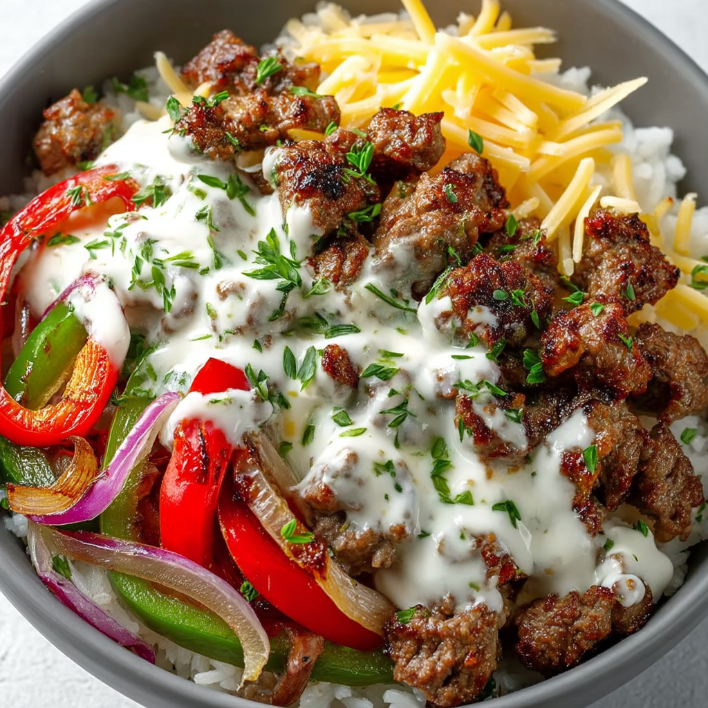 Ein Schmelztopf mit Rice, Käse, Sauerkraut, Zwiebeln und Rindfleisch.