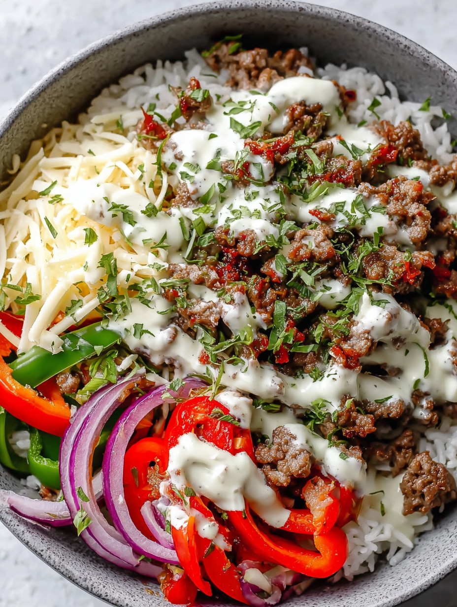 Ein Bild von einer Beilage, die aus Rice, Käse, Zwiebeln, Tomaten, Paprika und Onion besteht.