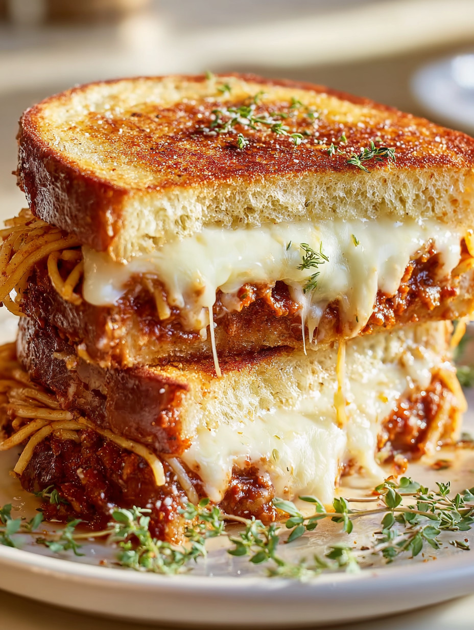 Eine Schicht Spaghetti mit Käse und Tomaten auf einer Toast-Brücke.